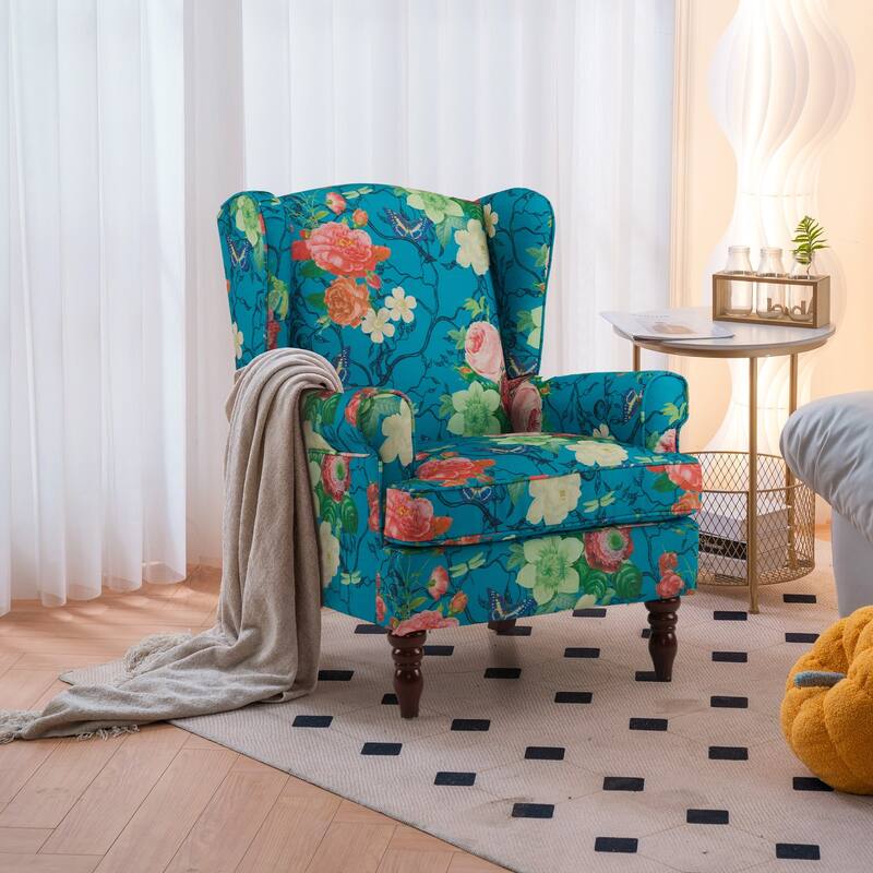 Erommy Modern Accent Chair, High Back Armchair, Upholstered Fabric Button Single Sofa with Wooden Legs for Living Room