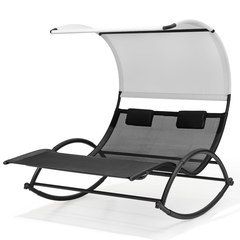 Outdoor Double Chaise Lounge Chair Rocking Lounger with Sunshade Canopy