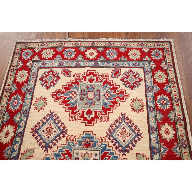 Ivory Geometric Kazak Oriental Accent Rug Handmade Wool Carpet - 3'3" x 5'0"