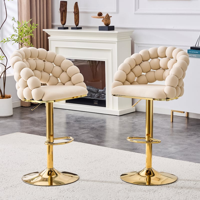 Set of 2 Beige Puffy Bubble Chair Velvet Bar Stools with Gold Legs, Tufted Adjustable Bar Chairs