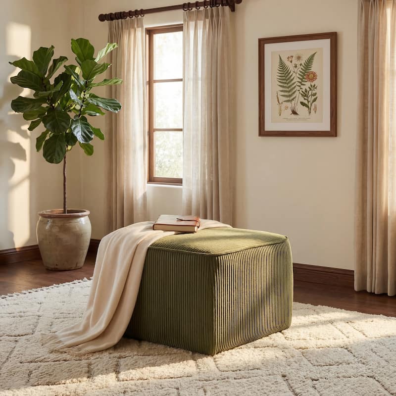 Christopher Knight Home - Mid-Century Modern Upholstered Corduroy Ottoman with Pocket Coil Comfort - Olive Green