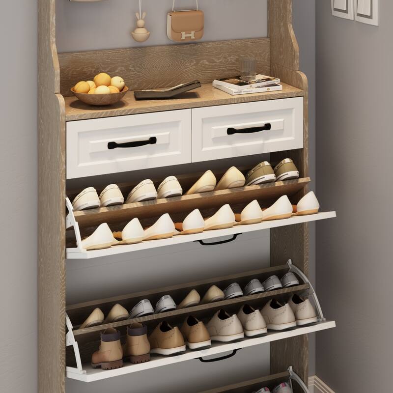 31.5 in.W Shoe Cabinet PVC Door with 3 Doors 2 Drawers with Hanger