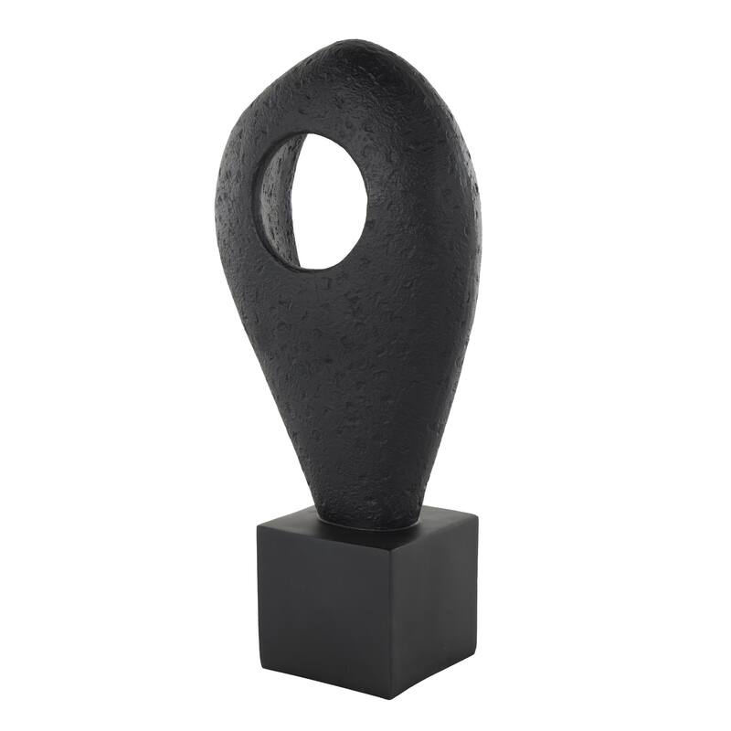 Black Polystone Textured Cutout Teardrop Abstract Decorative Sculpture with Block Base