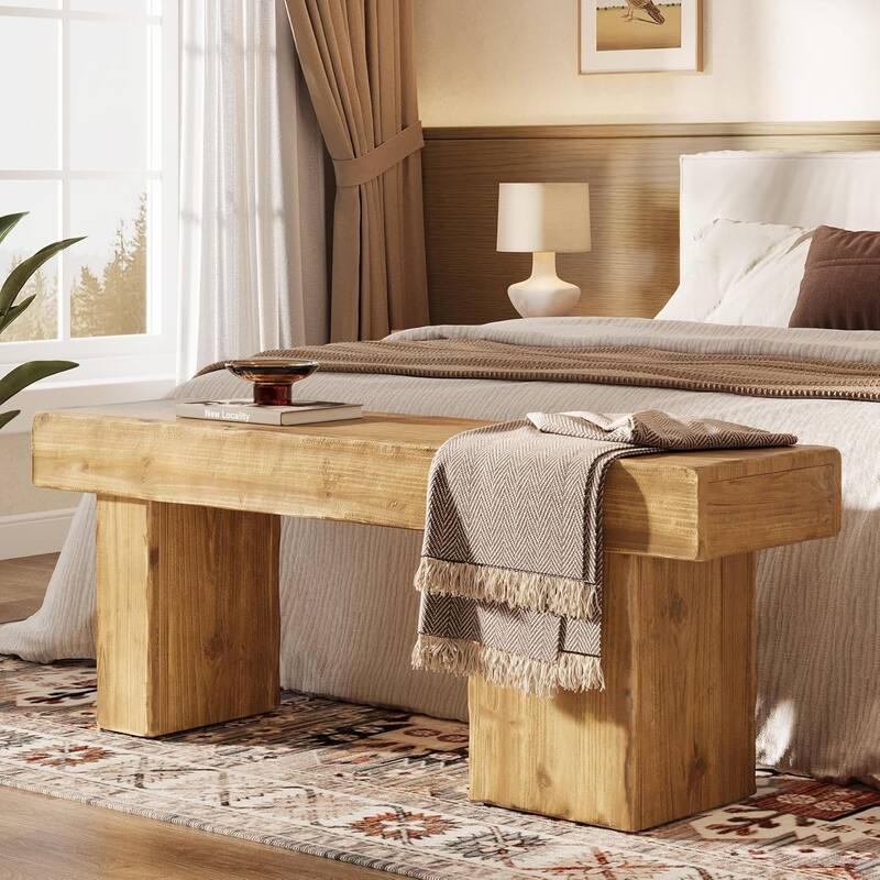 47" Thickened Solid Wood Bench, Rustic Farmhouse Entryway Bench with Artistic Legs - Natural
