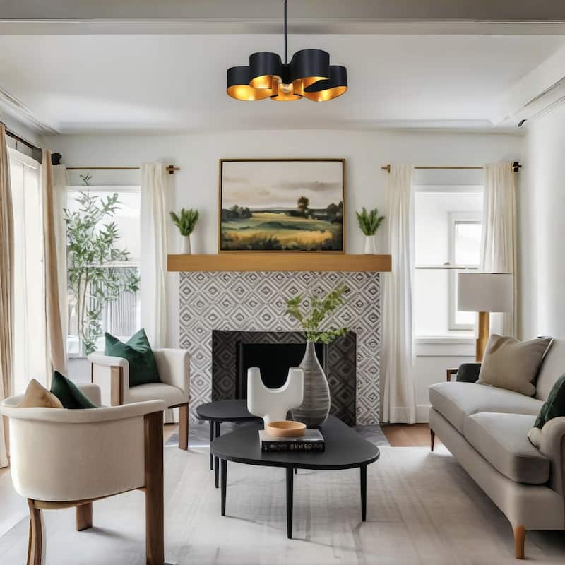 Modern 5-Light Black Gold Chandelier with Art Curved Metal Shade - D23.6" x H68.9" Max