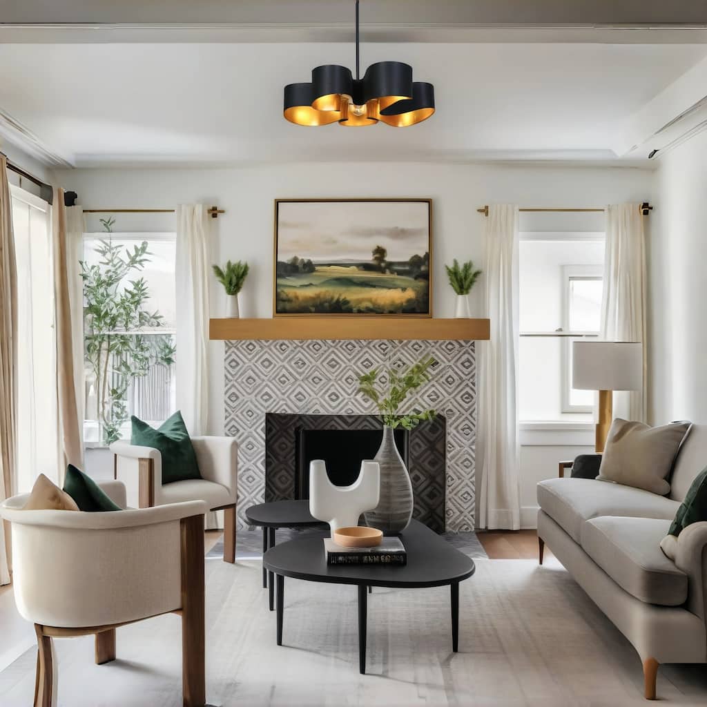 Modern 5-Light Black Gold Chandelier with Art Curved Metal Shade - D23.6" x H68.9" Max