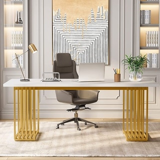 70.9 Modern Office Desk, White Executive Desk with Gold Metal Frame Mercer41