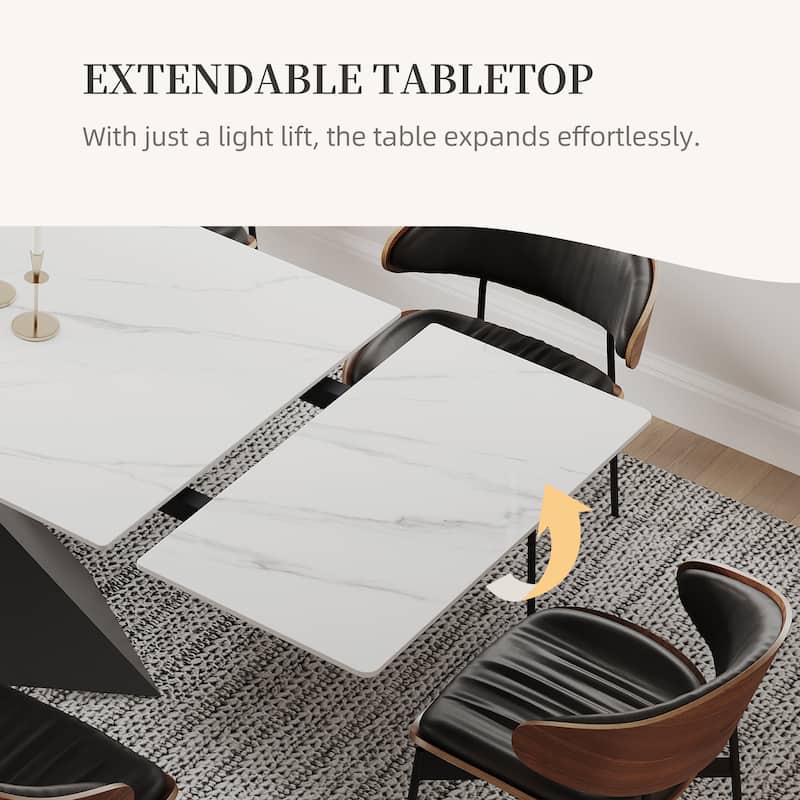 63-95"Extendable Modern Dining Table for 4-10, White Glossy Sintered Stone Tabletop, black X-Shaped Steel Legs - 94.5