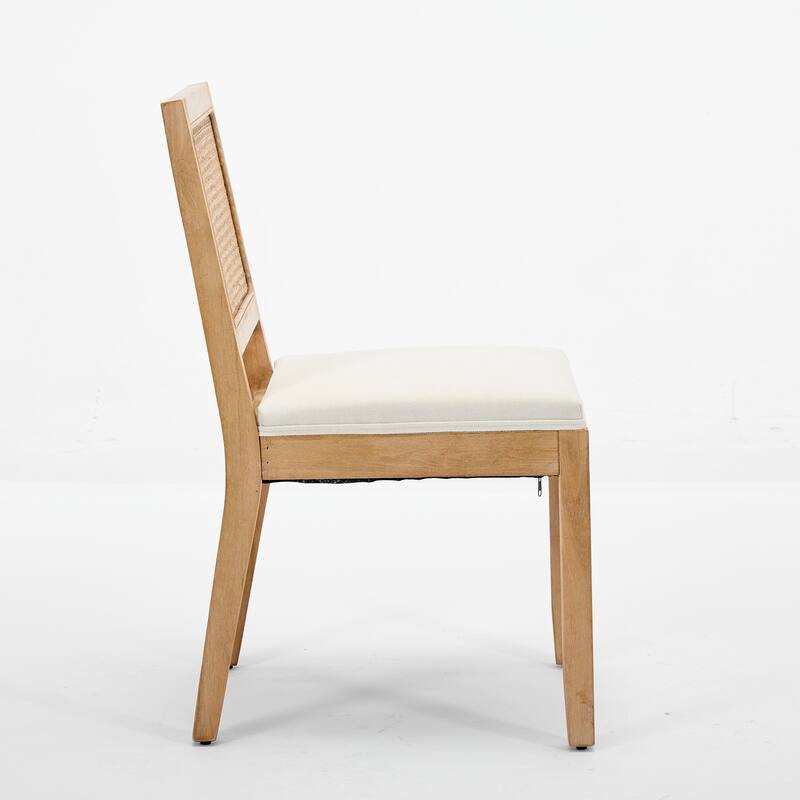 Roomfitters Rattan Dining Chairs Set of 2, Mid-Century Farmhouse Kitchen Chairs with Cane Back and Linen Upholstery