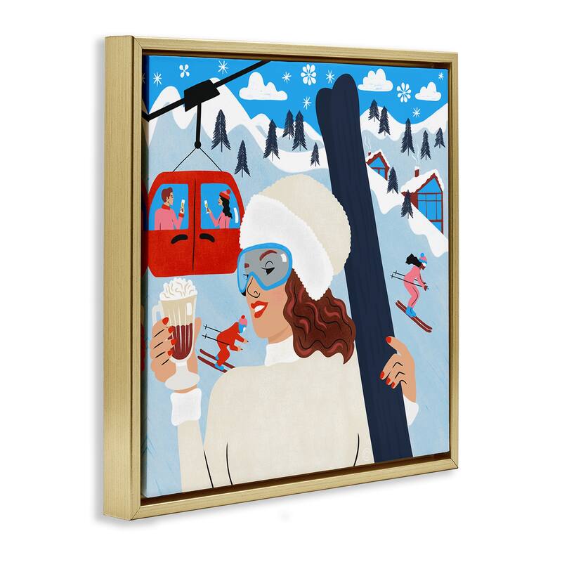 Stupell Sipping Cocoa on Ski Lift Framed Floater Canvas Wall Art Design By Carrie Cantwell