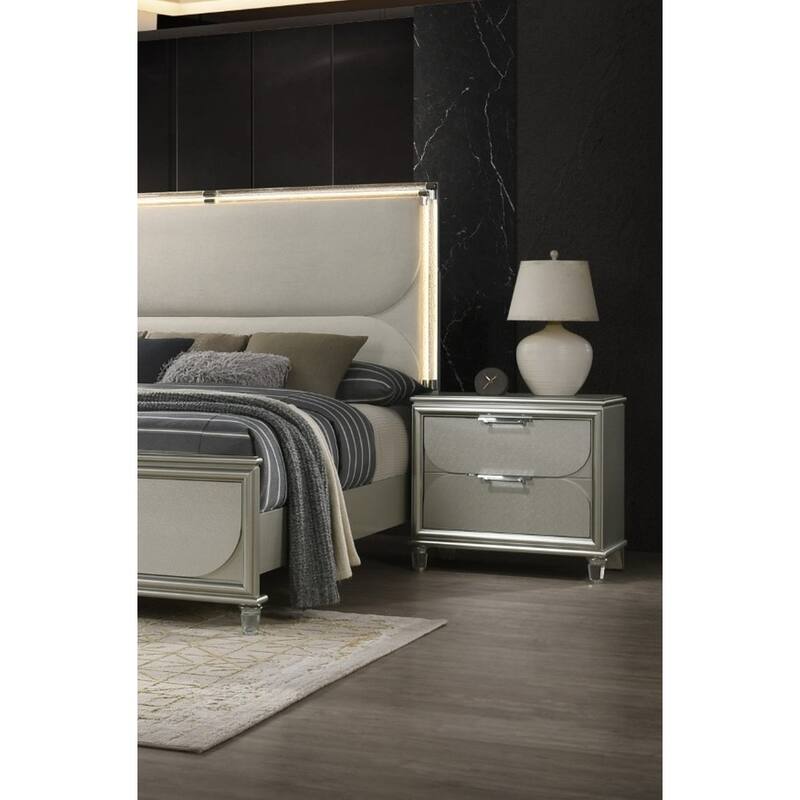 Contemporary Silver 1pc Nightstand Acrylic Handles Embossed Panels English Dovetails 2-Drawers Bedside Table