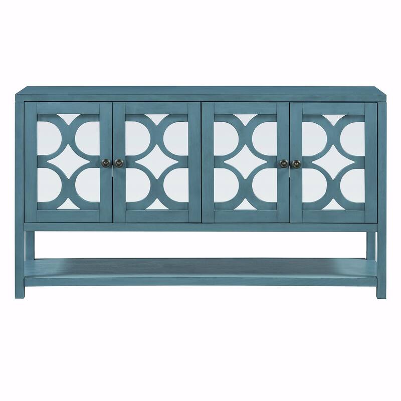 Elegant Retro Console Table with Mirrored Doors, Spacious Shelves and Durable Acacia Wood Legs