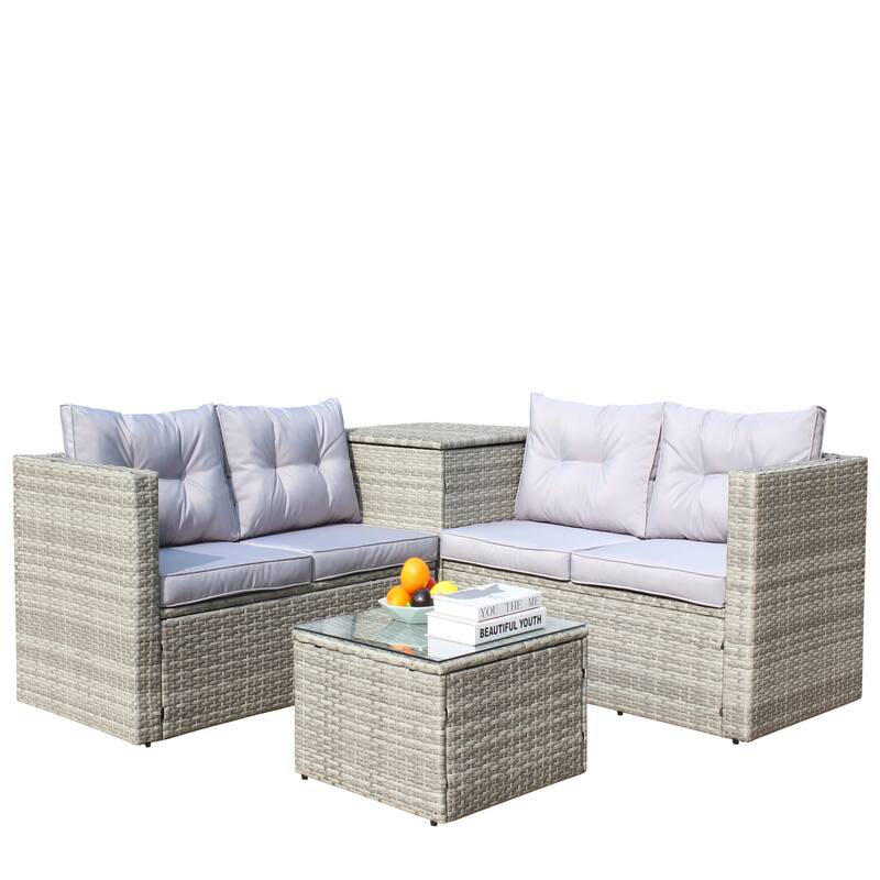 4 Pcs Patio Furniture Set, All Weather Outdoor Conversation Set, Wicker Rattan Sectional Sofa Set with Storage Box and Table