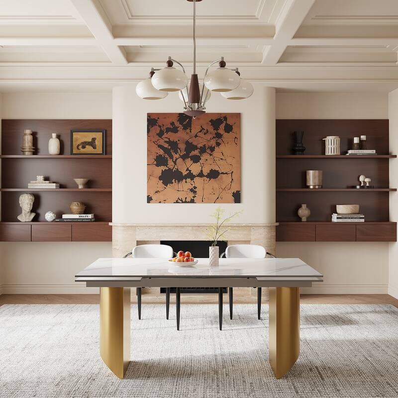94.48 Inch Modern Minimalist 9 - Piece Extendable Sintered Stone Top Double Pedestal Dining Set