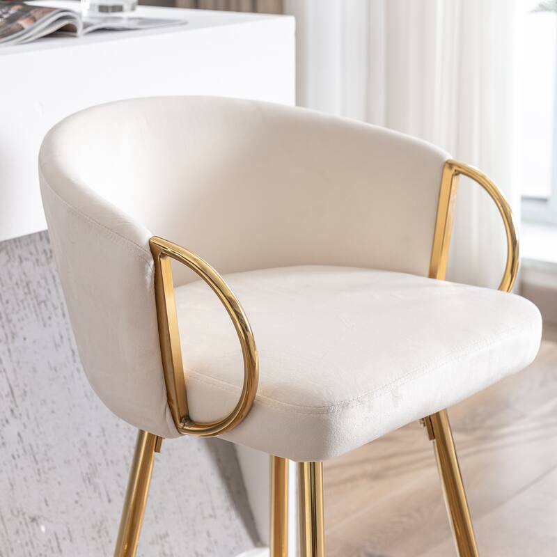 Velvet Bar Stools Set of 2, Counter Height Bar Chairs with Armrests, Kitchen Island Stools with Footrest and Golden Legs