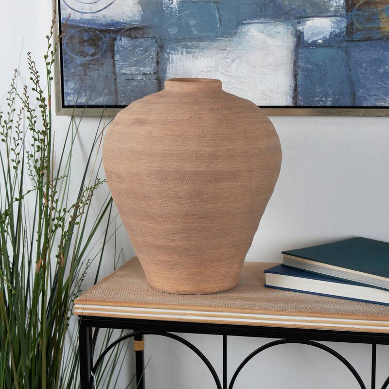 Beige Ceramic Wide Textured Vase - Beige - 14"W,17"H