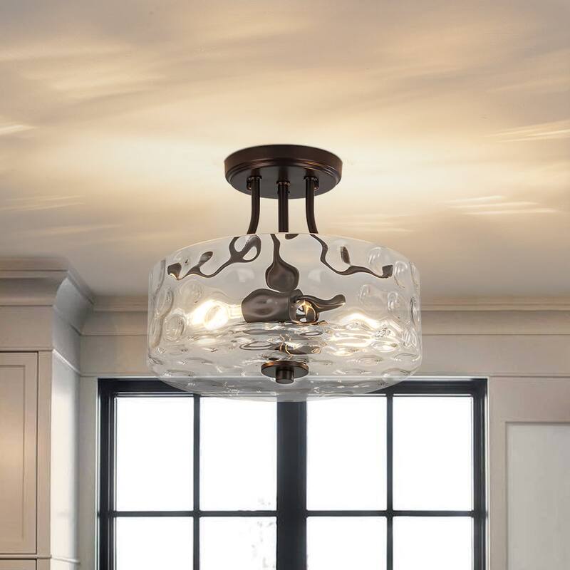 Nickel 2-Light Water Glass Round Semi Flush Ceiling Light - 11.8in