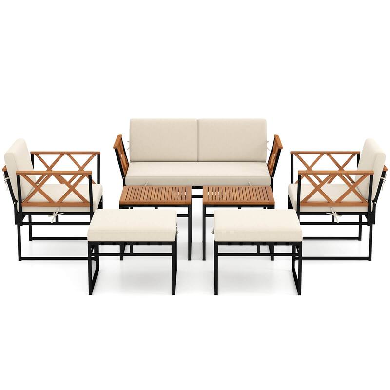 Costway 7 PCS Outdoor Conversation Set Acacia Wood Chairs & Coffee - See Details - as pic shows - See Details