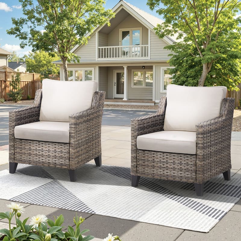 Glissia 2-Piece Handwoven Gray Wicker Patio Armchairs with 4-Inch Thick Cushions - Beige Cushions - Gray Wicker