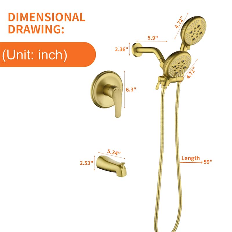 Wall Mounted Dual Head Shower Faucet with Tub Spout, Complete Pressure Balance Brushed Gold Tub Shower System Wth Hand Shower