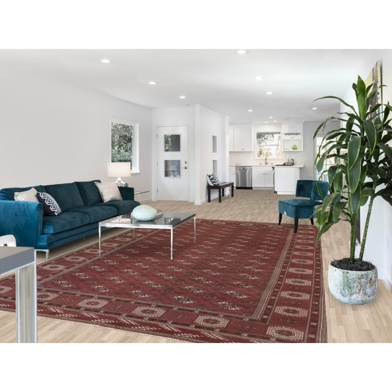 Hand Knotted Oriental 100% Wool Carpet Traditional All-Over Red Bokhara Area Rug - 12' 3'' X 8' 0''