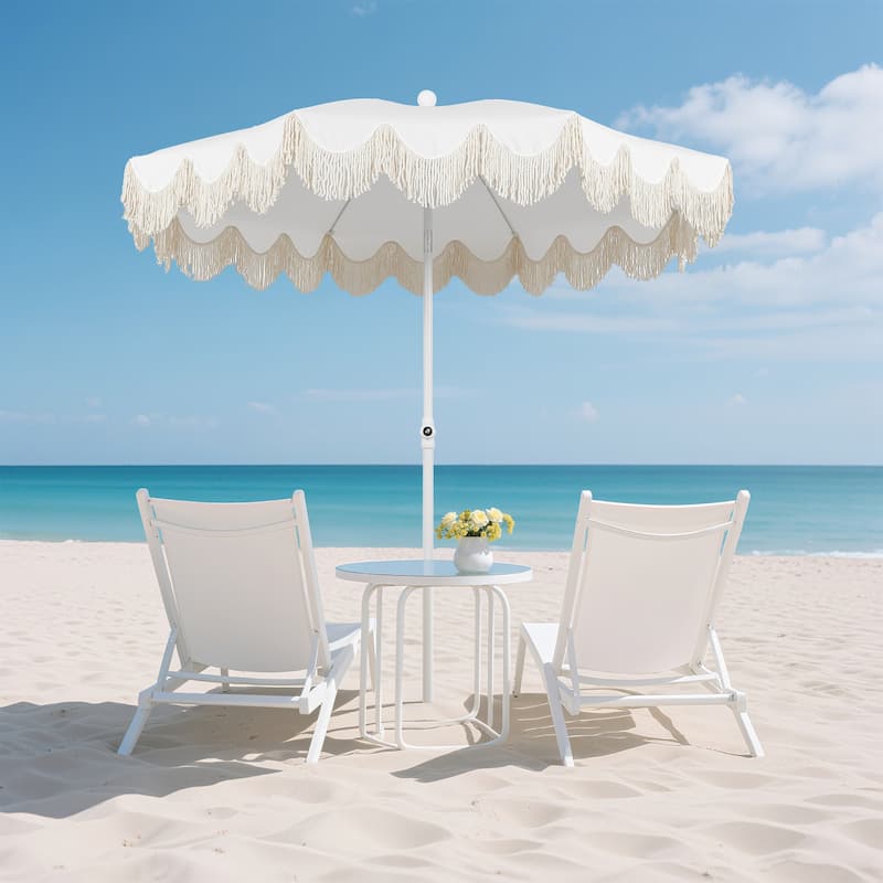 Mariner 6.5ft Classic Fringe Umbrella w/ Tilt & Bag - Off-White, White Pole