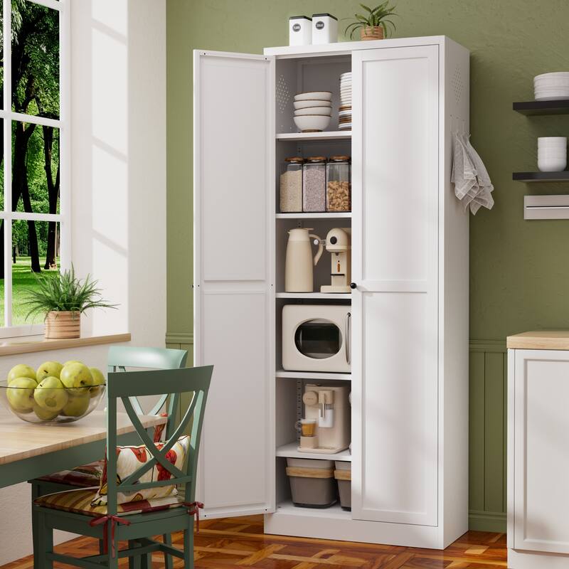 72" White Metal Kitchen Pantry Cabinet with Doors, Heavy-Duty Freestanding Storage Organizer with 5 Adjustable Shelves