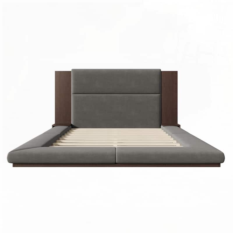 Floor Upholstered Platform Bed with Extended Wood Headboard and Bedside Shelf