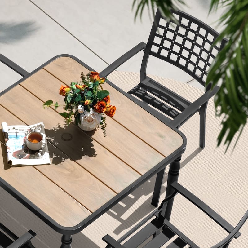 5-Piece Metal Outdoor Dining Set with Wood-Grain Tabletop and Umbrella Hole