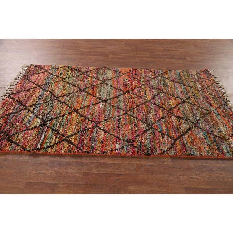 Hand Knotted Oriental 100% Wool Carpet Modern All-Over Multi-Colored Moroccan Area Rug - 6' 8'' X 4' 0''