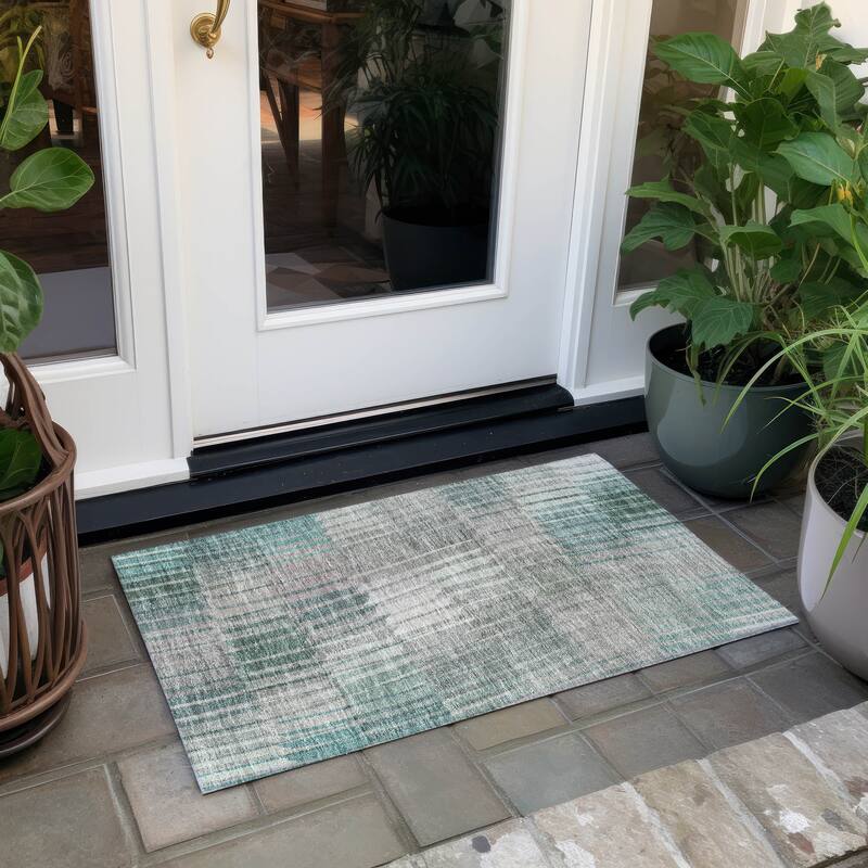 Machine Washable Indoor/ Outdoor Casual Stripe Chantille Rug - Teal - 1'8" x 2'6"