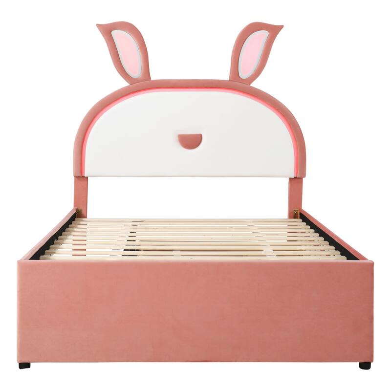 Upholstered platform bed with headboard with shelves and drawers