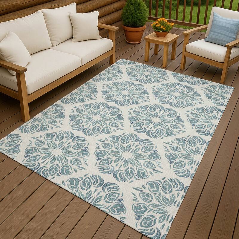 Machine Washable Indoor/ Outdoor Damask Pearl Chantille Rug - Teal - 9' x 12'