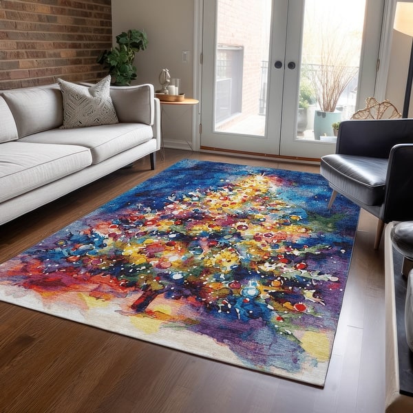 slide 2 of 18, Machine Washable Indoor/ Outdoor Abstract Christmas Tree Chantille Rug Navy - 10' x 14'