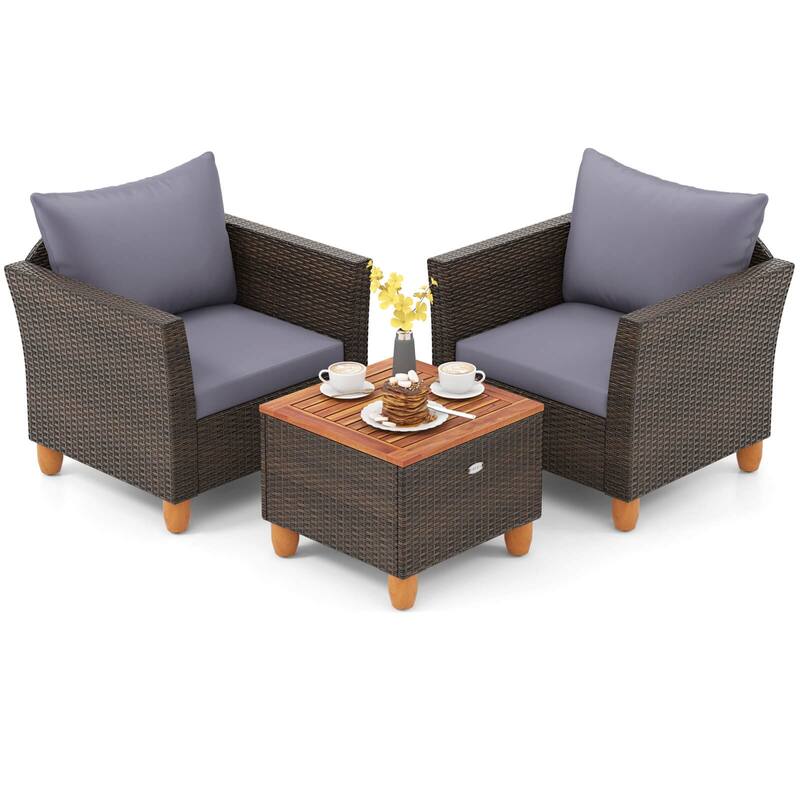 Gymax Set of 3 Rattan Bistro Furniture Set Wooden Table Top Cushioned - Grey