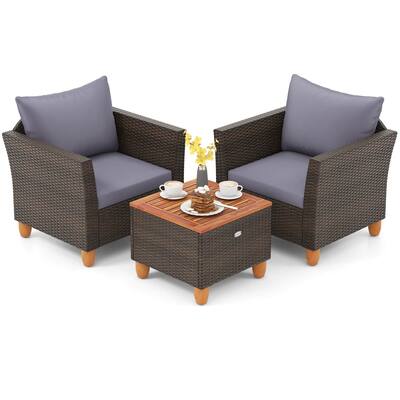 Gymax Set of 3 Rattan Bistro Furniture Set Wooden Table Top Cushioned