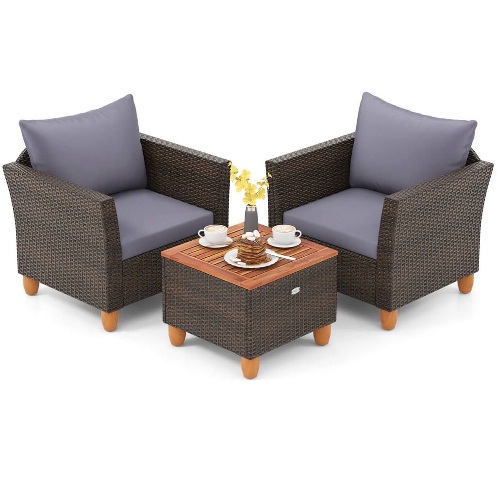 Gymax Set of 3 Rattan Bistro Furniture Set Wooden Table Top Cushioned