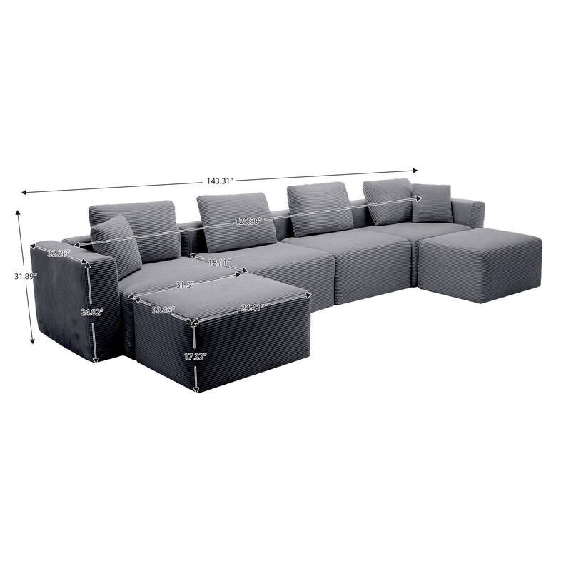 Corduroy Sectional Modular Sofa with Square Arms & Ottoman Extension for Flexible Arrangements