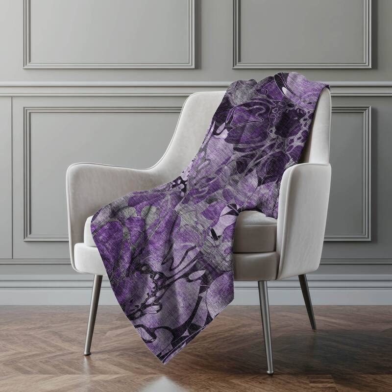 Premium Machine Washable Modern Floral Sherpa Throw Blanket - Purple - 4'2" x 5'10"