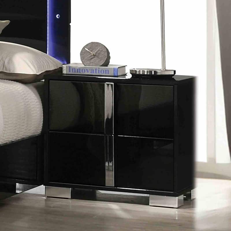 Glossy Black Contemporary Bedroom Furniture Set with LED Headboard and Chrome Accents