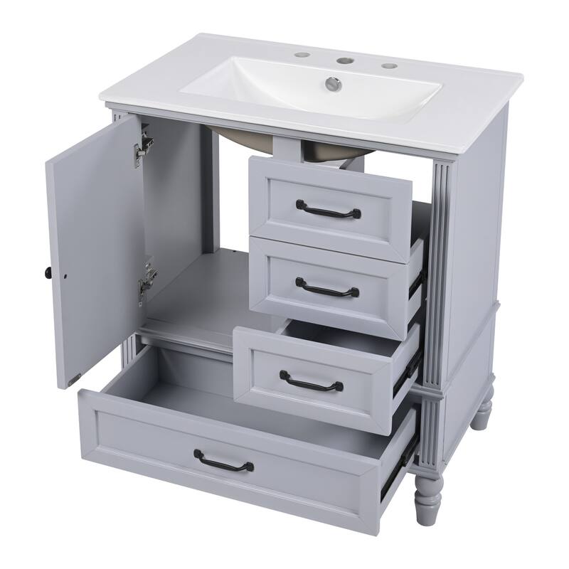 30" Bathroom Vanity wCeramic Sink, Cushioning Door & Drawers, Solid Wood Legs & MDF Board, Adiustable Foot Pads Bathroom Cabinet