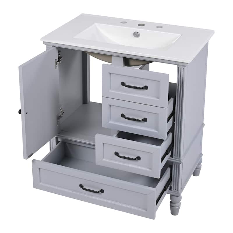 Roomfitters Bathroom Vanity with Sink, Single Door Cabinet and Three Drawers, Solid Wood Legs