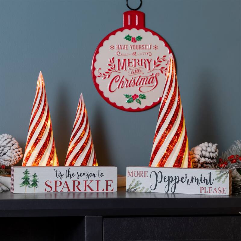 Set of 2 Tis the Season to Sparkle and Peppermint Quote Sign in in Red and White Seasonal Decoration for Shelf or Mantels