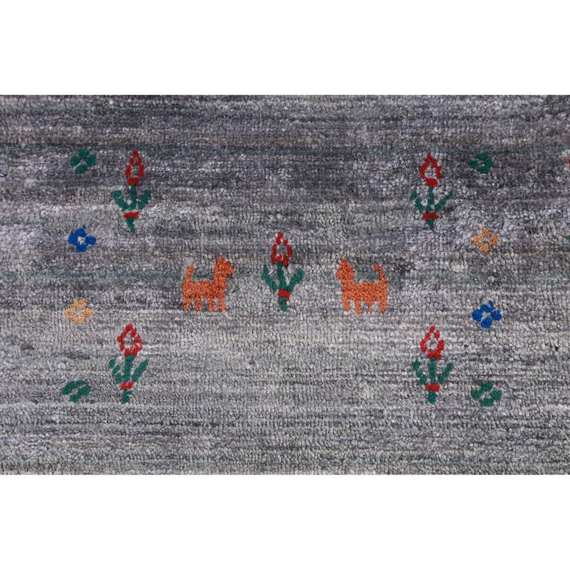 Hand Knotted Oriental Viscose Silk Carpet Tribal Stripe Greys & Charcoal Gabbeh Area Rug - 9' 10'' X 7' 10''