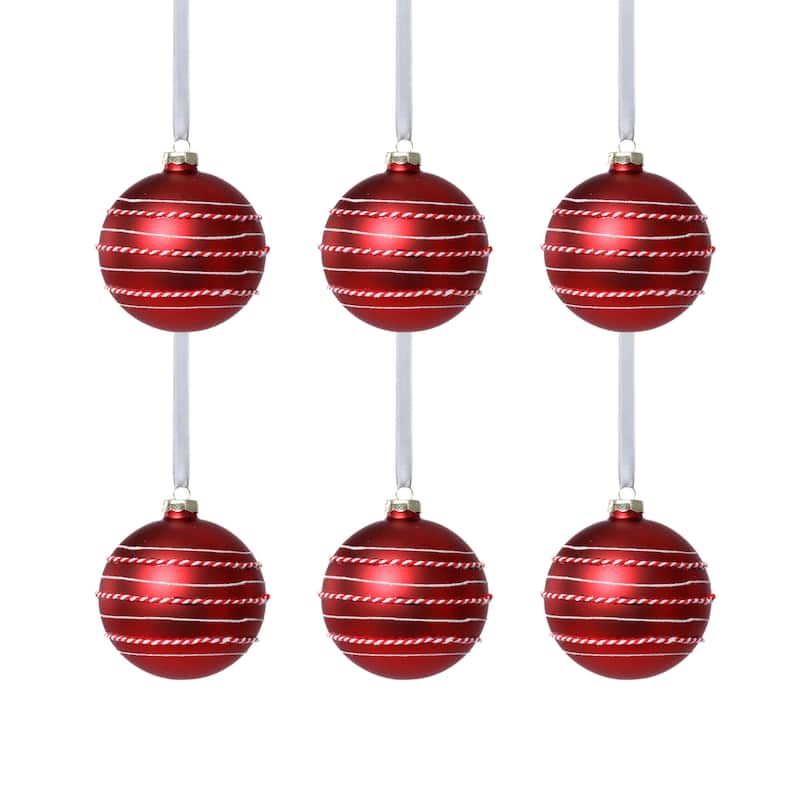 Matte Glass Ball Ornaments with White & Red Rope, Set of 6, 4"