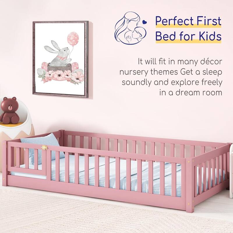 Twin/Full/Queen Size Floor Bed with Safety Guardrails, Toddler Floor Bed for Girls and Boys