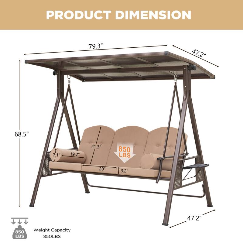 Outdoor 3-Seat Porch Swing with Adjustable Canopy & Cup Holder,Porch Swing Glider Chair, Heavy-Duty Steel Frame