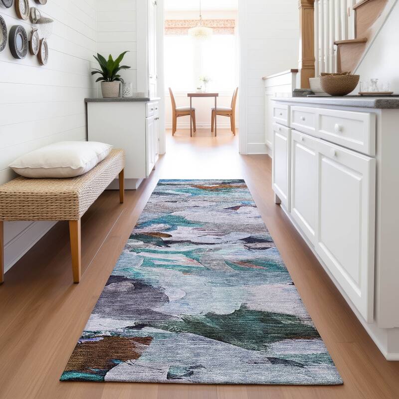 Premium Washable Super Soft Brushstrokes Abstract Mayfield Rug - Blue - 2'3" x 7'6"