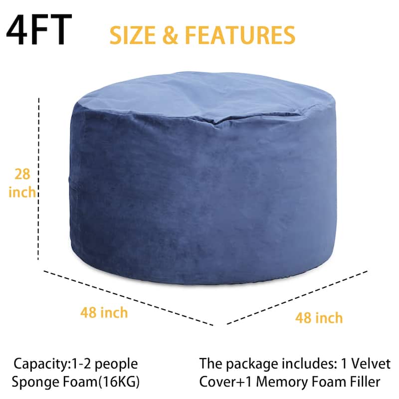 Bean Bag Chair 4FT Foam Filled, Removable Velvet Cover, Giant Bean Bag Chairs, Round Sofa Chair for Bedroom Gaming Room