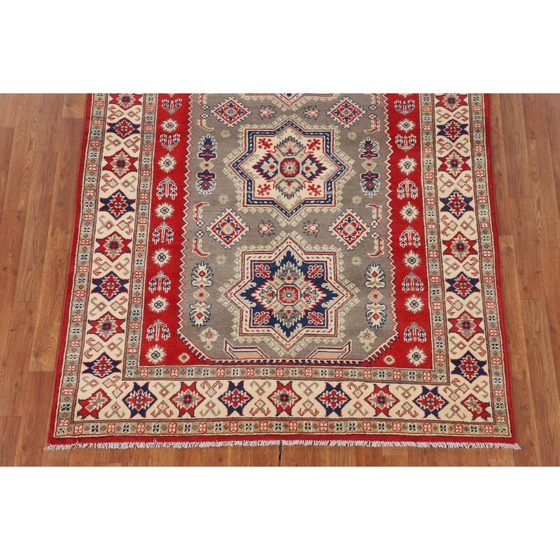 Geometric Kazak Oriental Area Rug Handmade Grey Wool Carpet - 5'0" x 6'6"